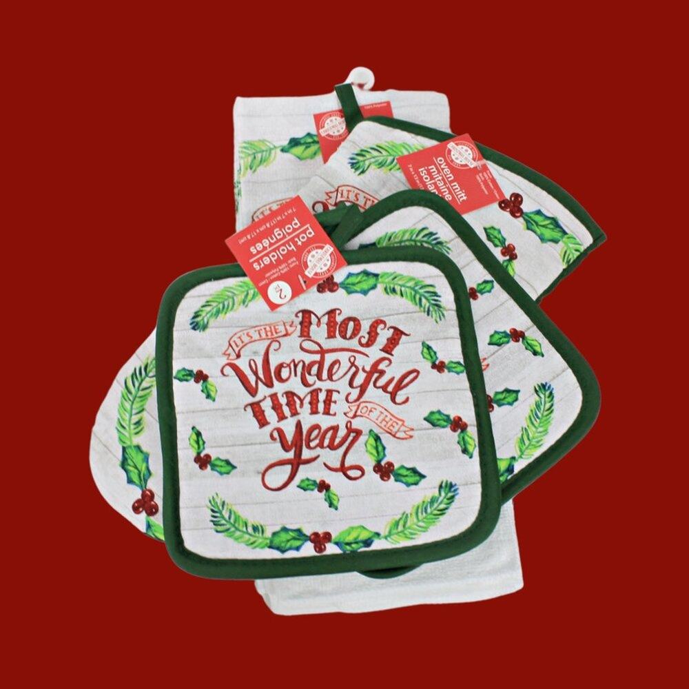 Christmas House 5 Pc Kitchen Linen Set: 2 Towels Oven Mitt Potholder